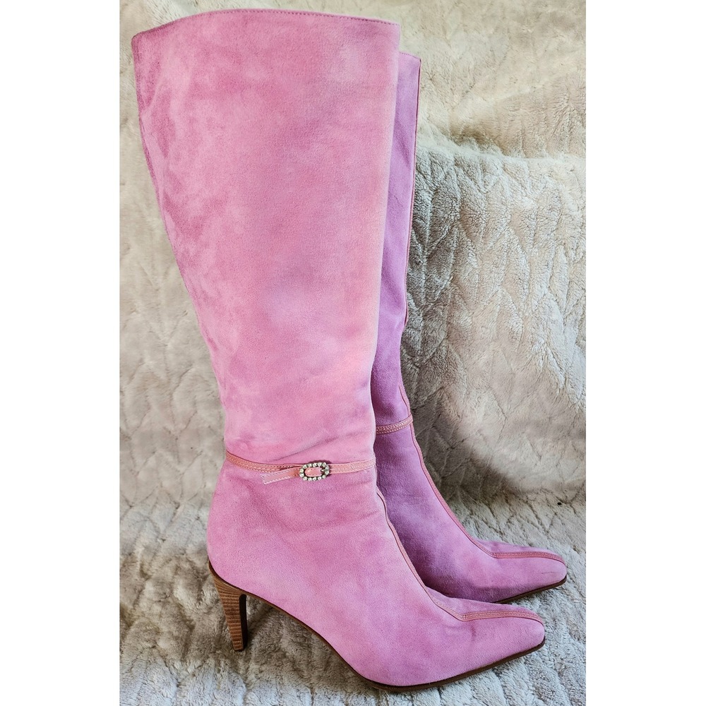 Vintage Bellofatto 90s Pink Suede Knee High Boots Pointed Toe Size 7.5